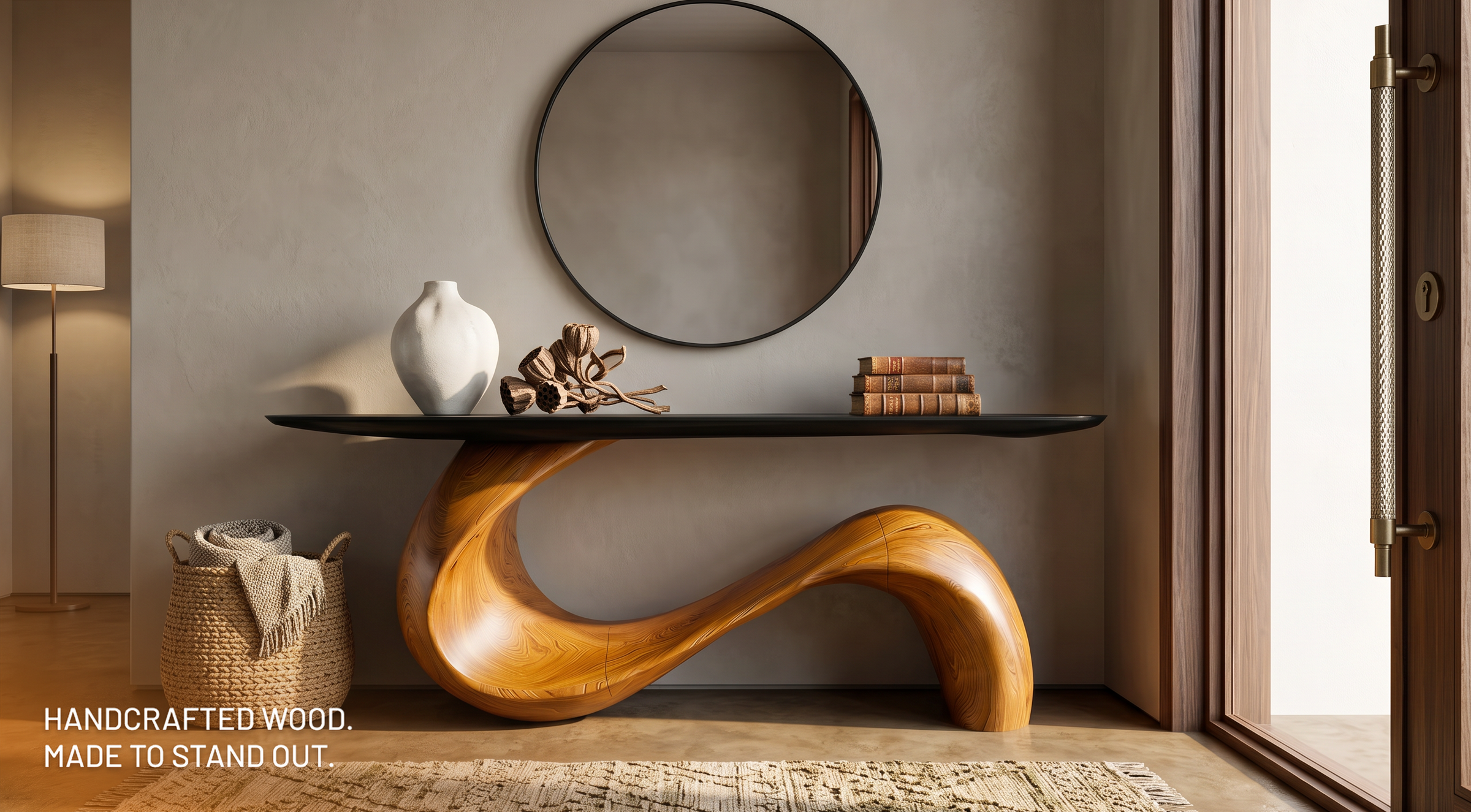 Live-edge natural wood console table styled in a warm contemporary interior