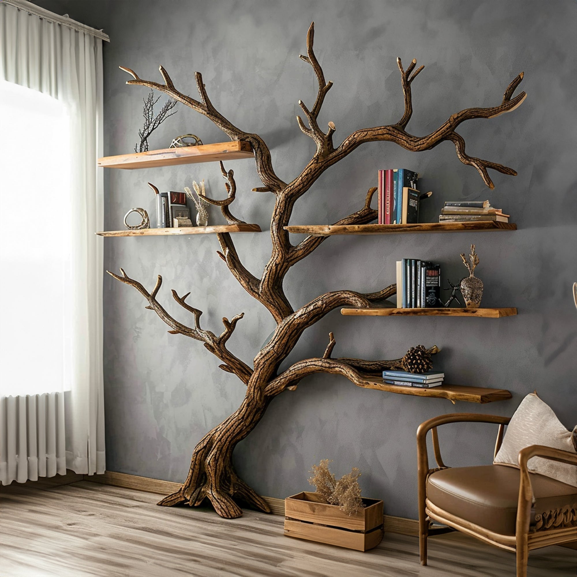 Tree Bookshelf Black Decor Wild Mulberry Solid Wood Carving Living Room Gift Her