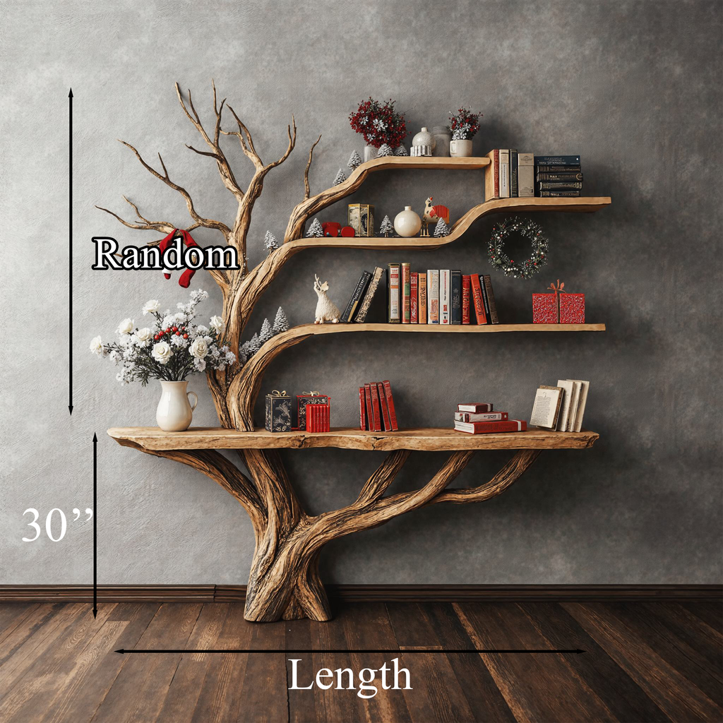 Narrow Floating Live Edge Side Table With Tree Bookshelf CTHCH-012
