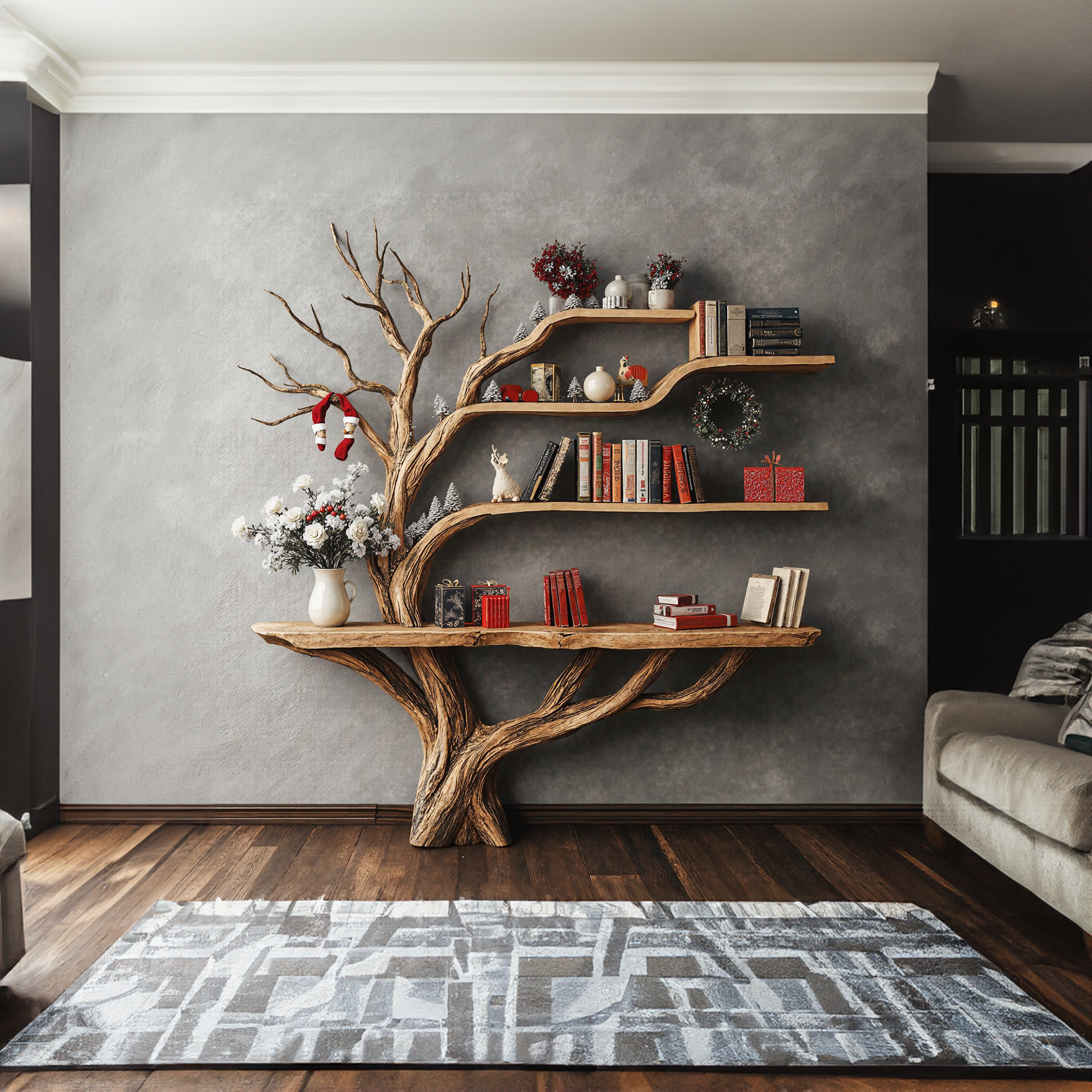 Narrow Floating Live Edge Side Table With Tree Bookshelf CTHCH-012