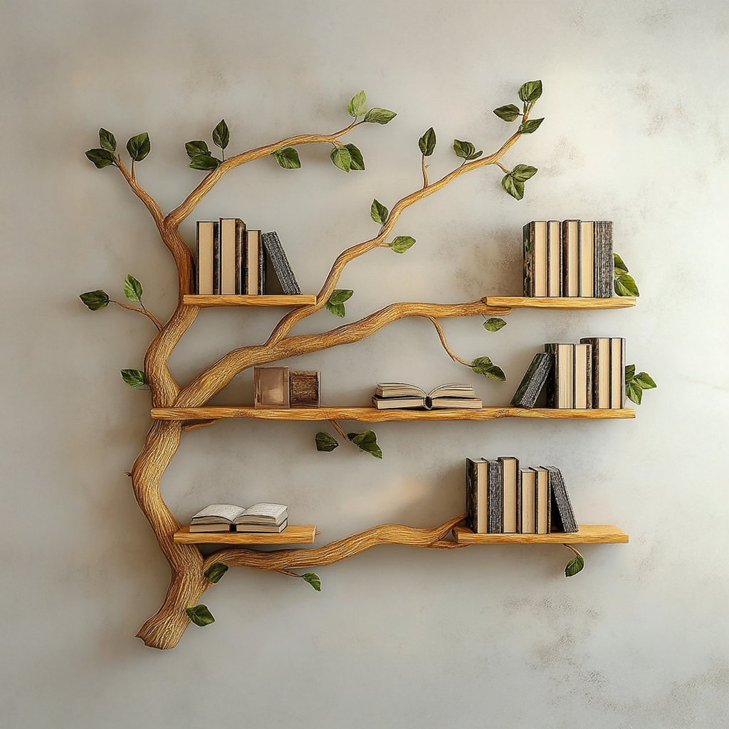 Mid Century Wood Tree Bookcase Wall Mounted Shelf