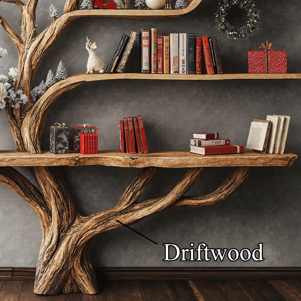 Narrow Floating Live Edge Side Table With Tree Bookshelf CTHCH-012